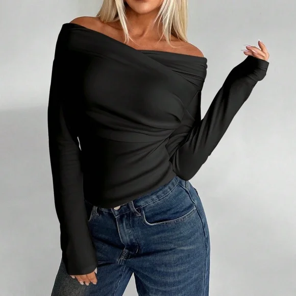 Solid Ruched Off Shoulder Fitted Long Sleeve Top - Picture 1 of 10